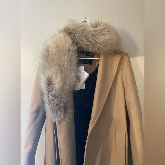 Zara coat wool blend 75% long camel belted rope trench fur collar Manteco - Picture 13 of 15
